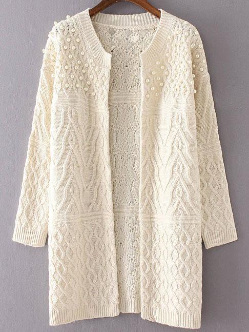 Shein White Cable Knit Beaded Long Sweater Coat