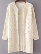 Shein White Cable Knit Beaded Long Sweater Coat