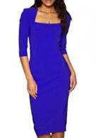 Rosewe Laconic Square Neck Half Sleeve Blue Knee Length Dress