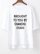 Shein White Short Sleeve Letters Print Hole T-shirt