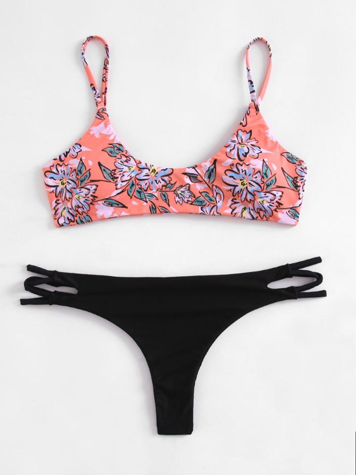 Shein Flower Print Cut Out Side Bikini Set