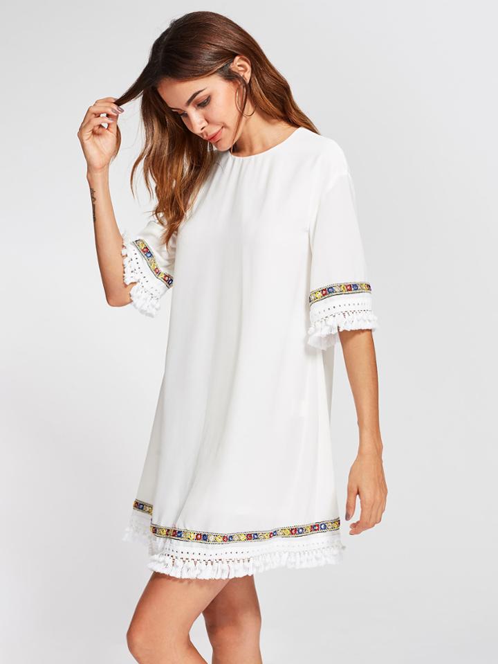 Shein Embroidered Tape And Knotted Fringe Detail Dress