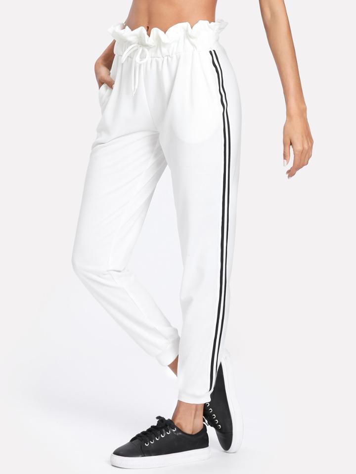 Shein Striped Tape Side Ruffle Waist Sweatpants