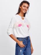 Shein Flamingo Print Faux Fur Embellished Cut Out Neck Tee