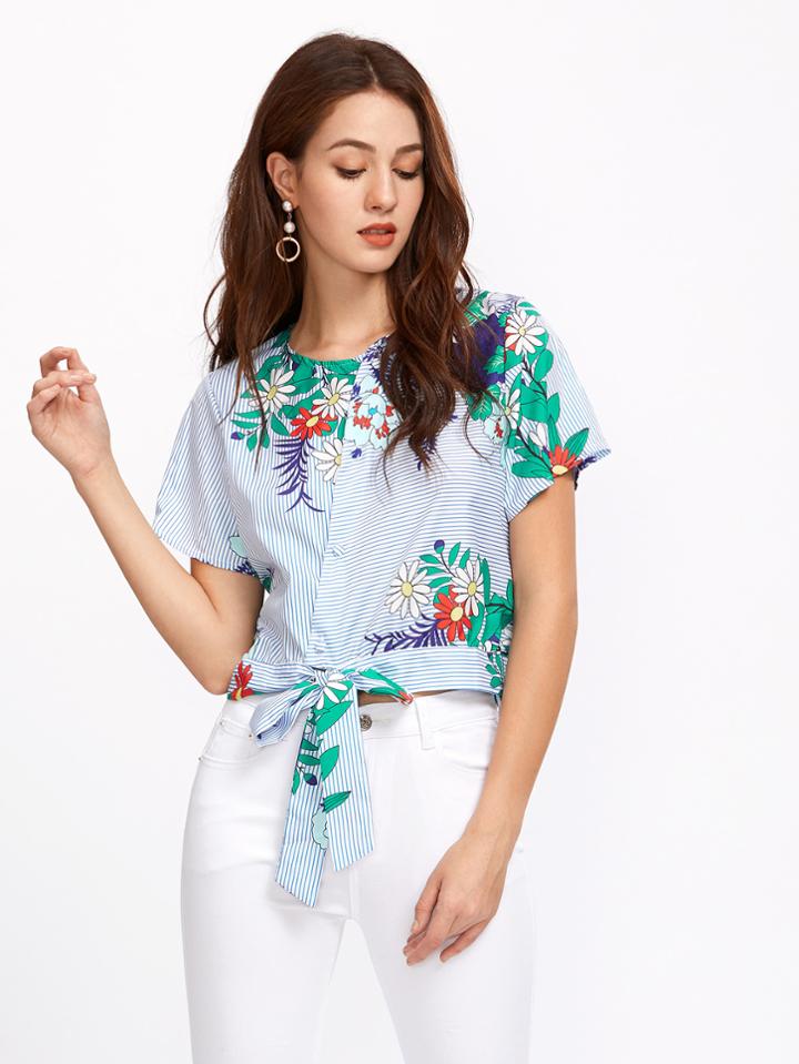 Shein Vertical Striped Flower Print Knotted Hem Blouse