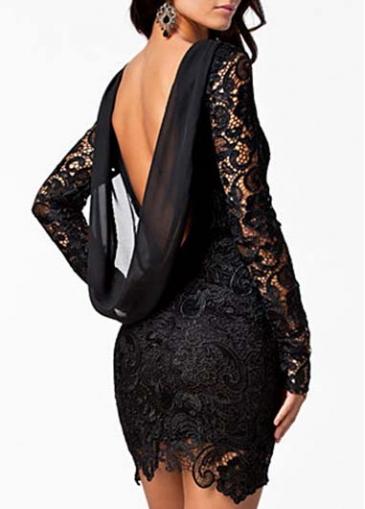 Rosewe Open Back Long Sleeve Black Lace Sheath Dress
