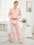 Shein Crane Print Wrap Top & Pants Pj Set