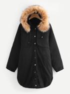 Shein Contrast Faux Fur Hood Curved Hem Coat