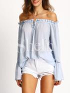 Shein Light Blue Off The Shoulder Bell Sleeve Blouse