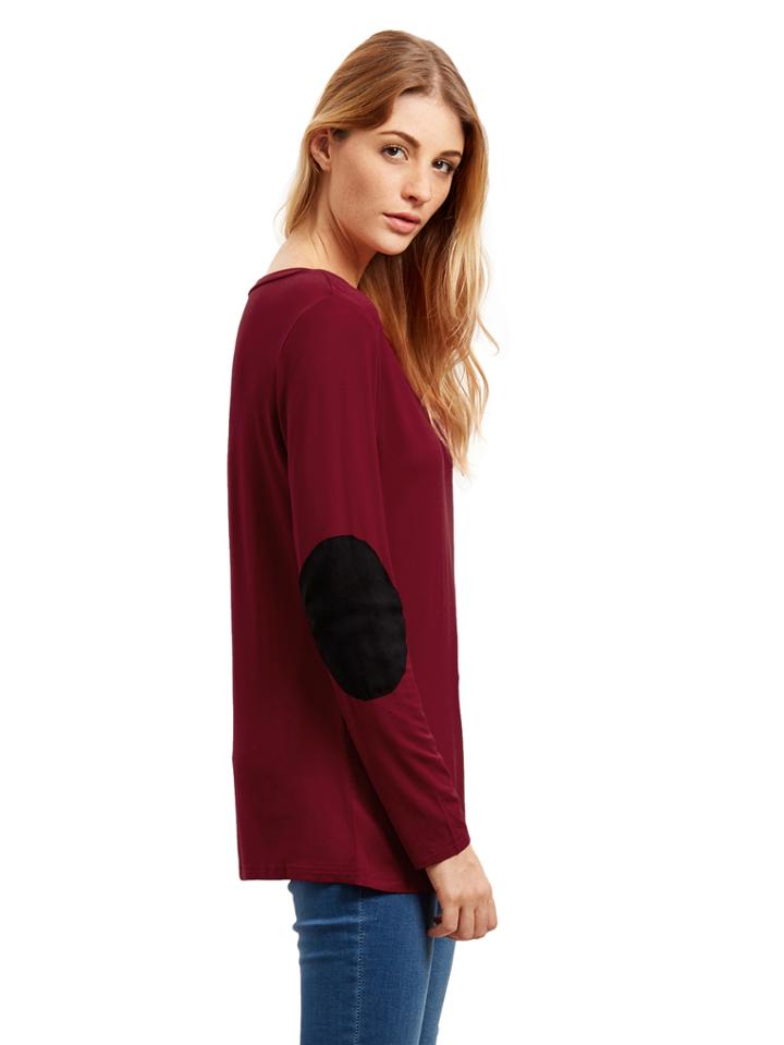 Shein Burgundy Long Sleeve Elbow Patch T-shirt