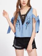 Shein Lace Up V Neck Bow Tie Sleeve Top