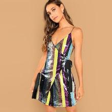 Shein Surplice Wrap Sequin Knot Cami Dress