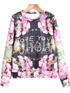Shein Black Long Sleeve Floral Gothic Thanksgiving Carnival Letters Print Sweatshirt