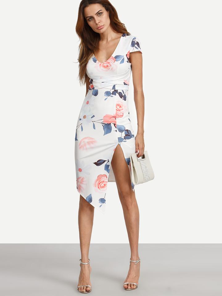 Shein Floral Cap Sleeve V Neck Split Asymmetrical Dress