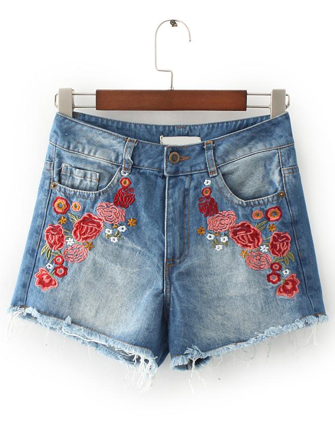 Shein Blue Flower Embroidery Raw Hem Denim Shorts