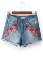 Shein Blue Flower Embroidery Raw Hem Denim Shorts