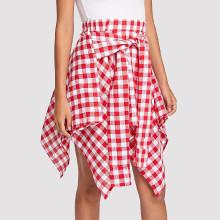 Shein Knot Front Gingham Hanky Hem Skirt