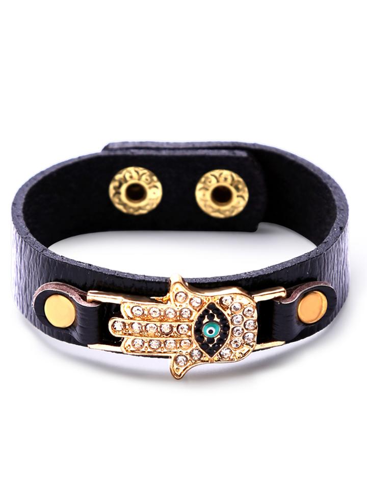 Shein Black Faux Leather Hand Of Fatima Charm Bracelet