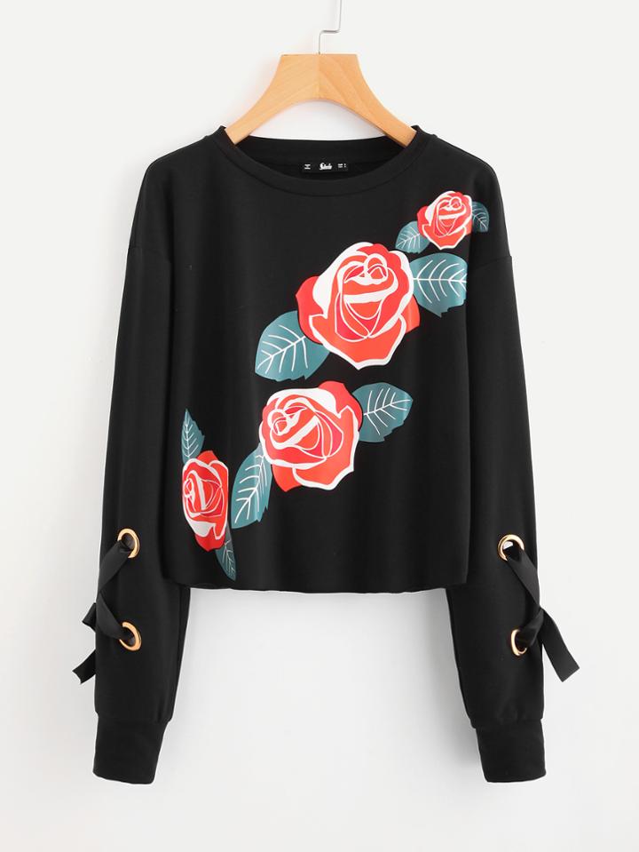 Shein Grommet Lace Up Sleeve Floral Sweatshirt