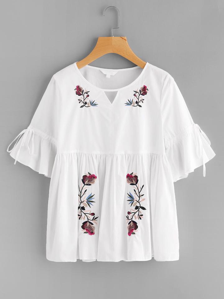 Shein Cutout Neck Trumpet Sleeve Embroidered Smock Top