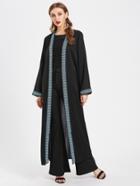 Shein Contrast Embroidered Tape Trim Longline Abaya With Belt