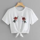 Shein Symmetrical Flower Embroidery Knot Tee