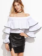 Shein White Contrast Woven Tape Trim Off The Shoulder Ruffle Top