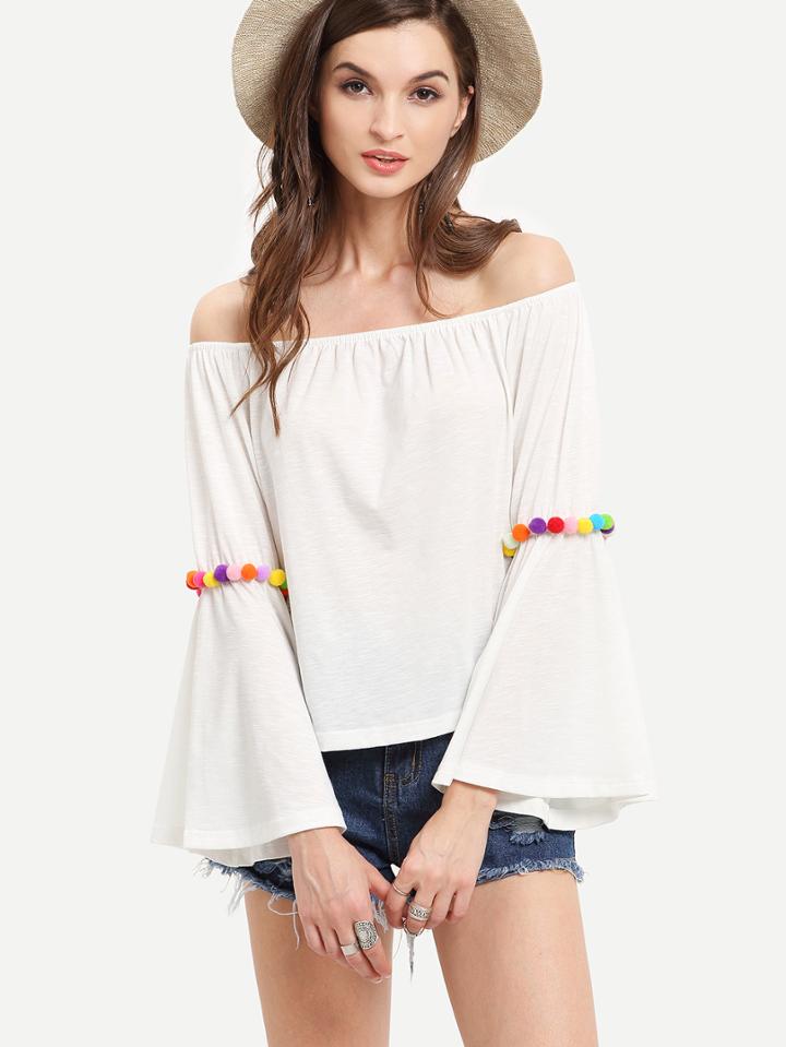 Shein White Off The Shoulder Pom Pom Trim Blouse