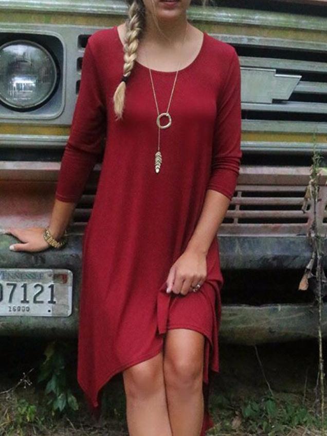 Shein Women Burgundy Scoop Neck Asymmetrical Hem Dress