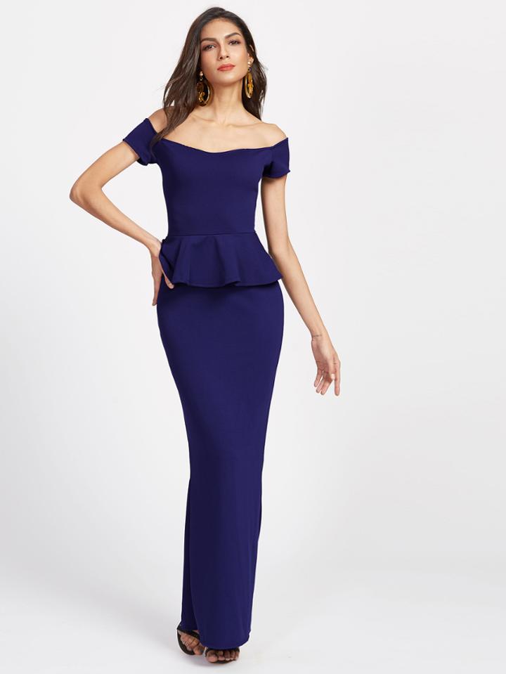 Shein Navy Off The Shoulder Slit Back Peplum Dress