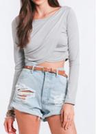 Rosewe Grey Round Neck Long Sleeve Crop T Shirt
