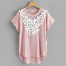 Shein Contrast Guipure Lace Dip Hem Tee