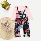Shein Toddler Girls Solid Top With Floral Print Overalls