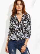 Shein Multicolor Abstract Leaf Print Band Collar Blouse