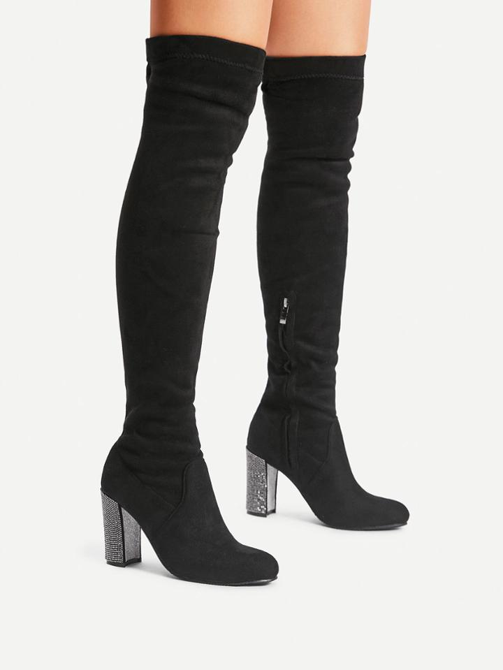 Shein Side Zipper Chunky Heeled Suede Boots