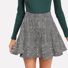 Shein Pearl Beading Plaid Flared Skirt