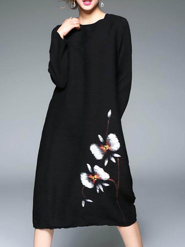 Shein Black Crew Neck Flowers Print Pockets Vintage Dress