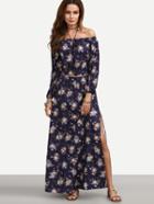 Shein Blue Flower Print Off The Shoulder Cutout Midriff Dress