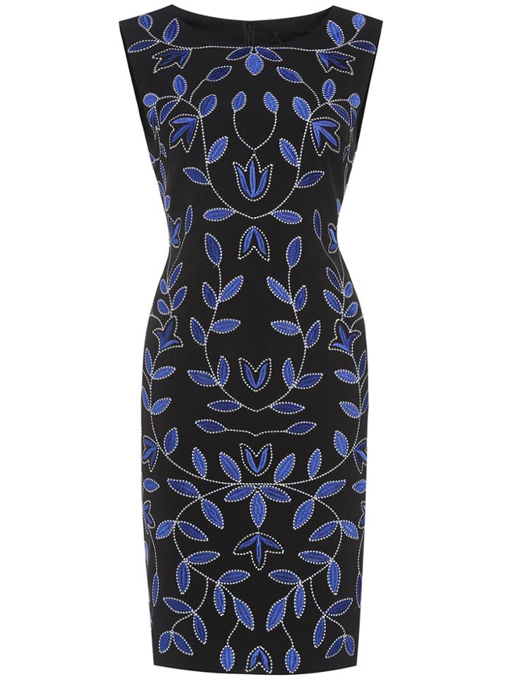 Shein Black Crew Neck Leaf Embroidered Sheath Dress