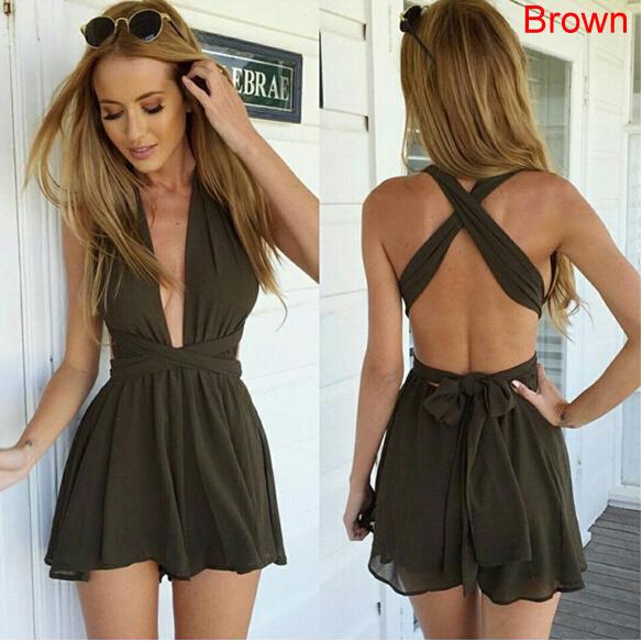 Shein Sexy Deep V -neck Halter Waist Piece Cross Straps Jumpsuit