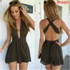 Shein Sexy Deep V -neck Halter Waist Piece Cross Straps Jumpsuit