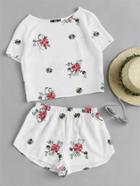 Shein Flower Embroidered Top And Shorts Pajama Set