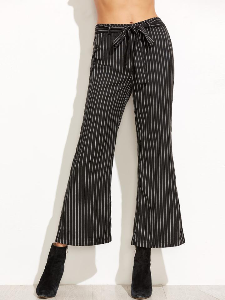 Shein Black Pinstripe Self Belt Flare Pants