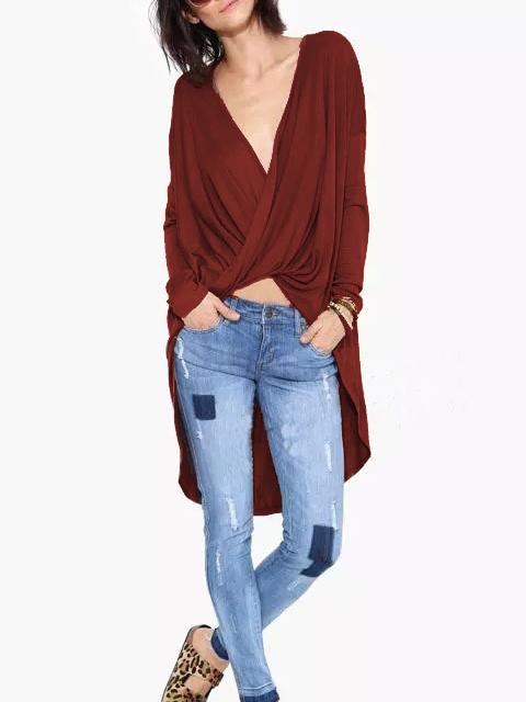 Shein V Neck Dip Hem Wraped T-shirt
