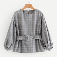 Shein Self Tie Bishop Sleeve Plaid Blouse