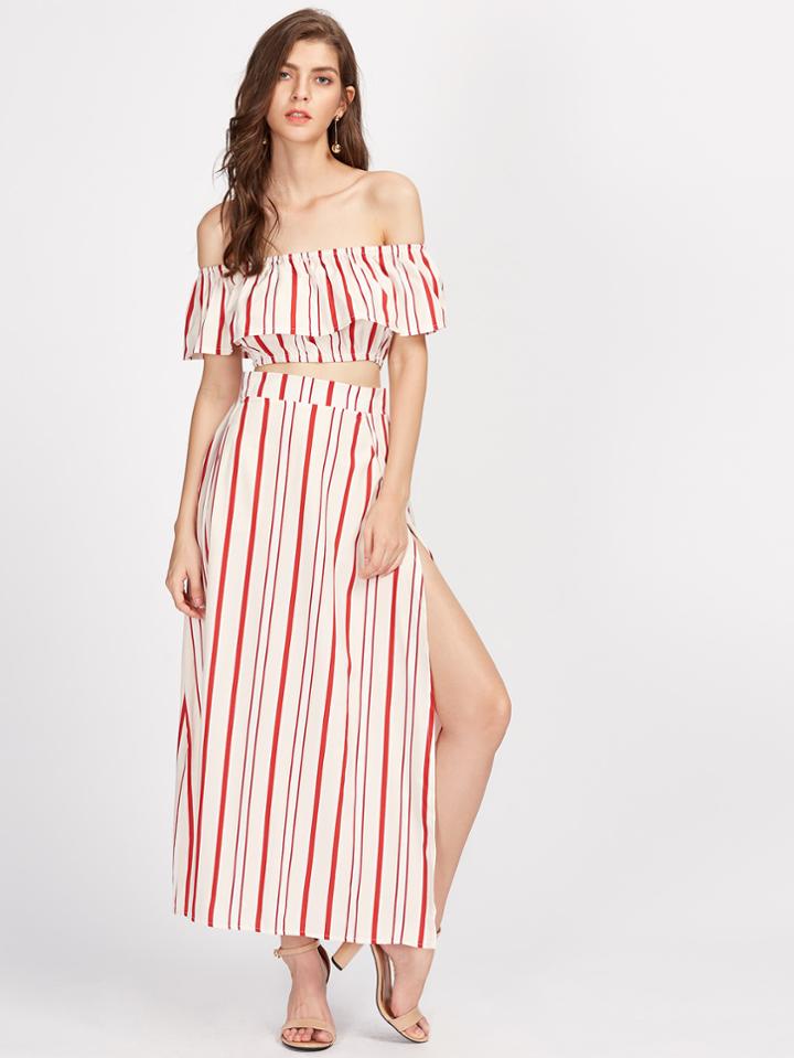 Shein Vertical Striped Ruffle Crop Top With Split Skirt