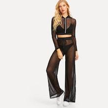 Shein See Through Crop Hooded Top & Wide Leg Pants