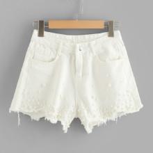 Shein Pearls Raw Hem Denim Shorts