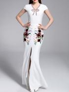 Shein White Bow Neck Embroidered Split Mermaid Dress
