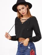 Shein Black Lace Up V Neck Crop Sweatshirt